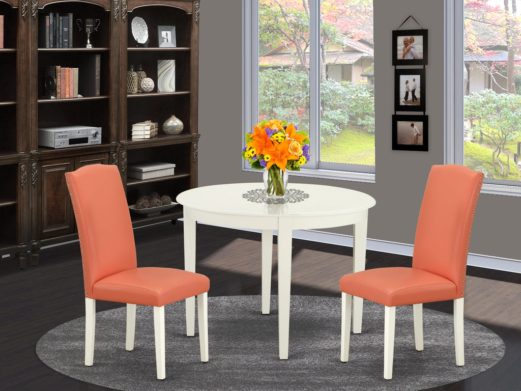 BOEN3-F36-XH 3 Piece Dining Ensemble Round Table & Two Pink Leather Parsons Chairs, 42 Contemporary Elegance in Linen White