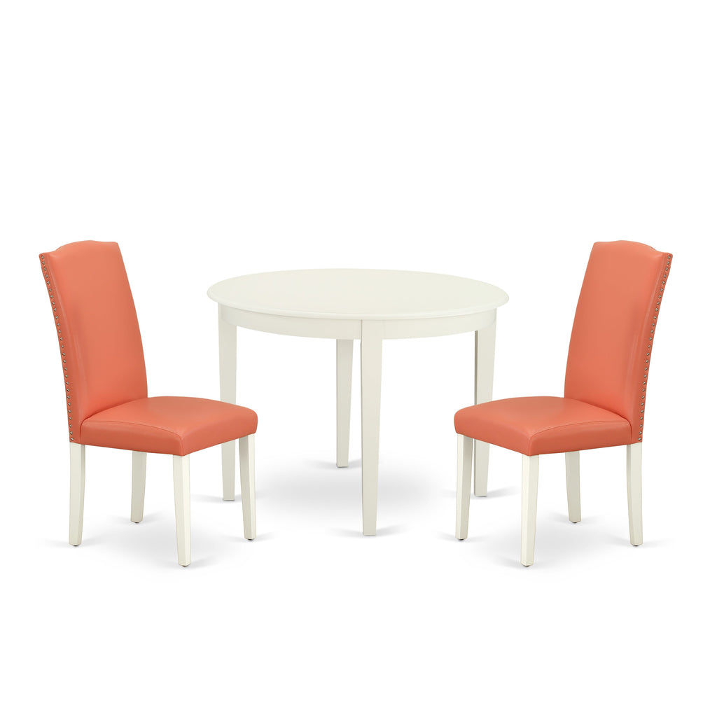 BOEN3-F36-XH 3 Piece Dining Ensemble Round Table & Two Pink Leather Parsons Chairs, 42 Contemporary Elegance in Linen White