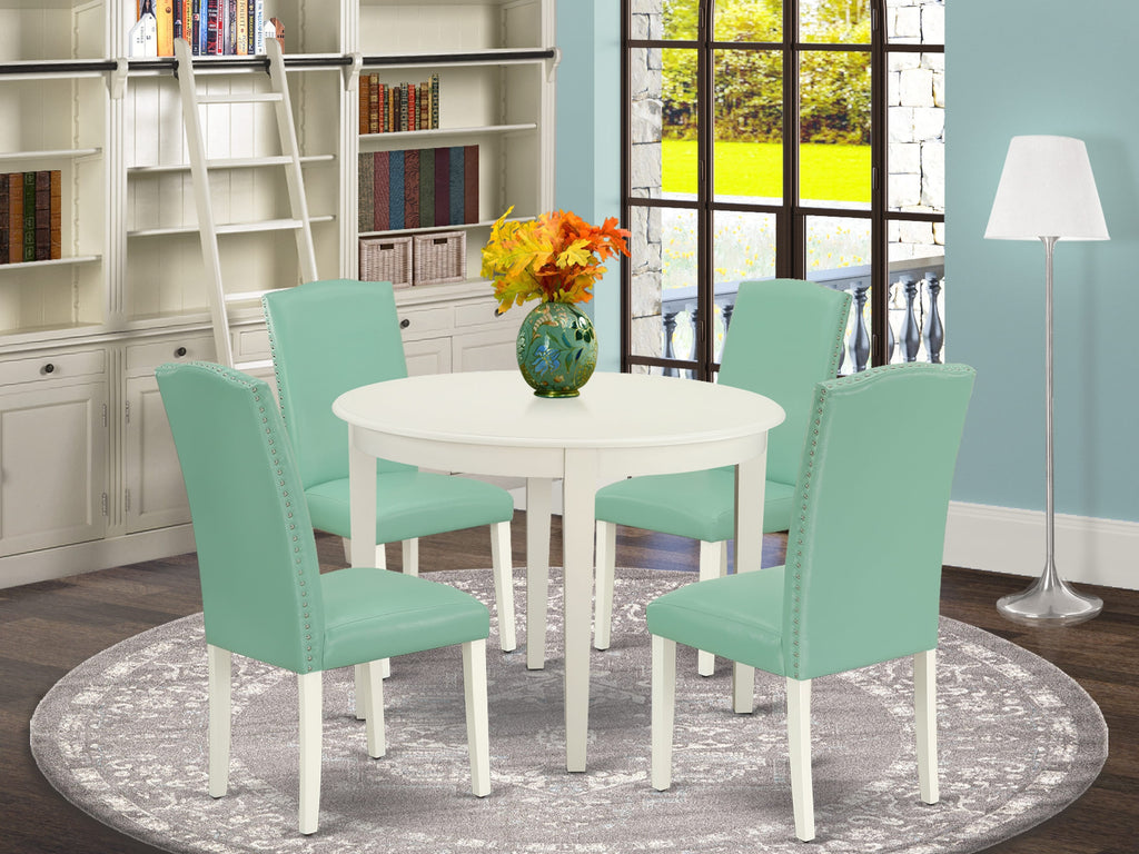 BOEN5-RQL-TW 5-Piece Dining Set with 42 Round Table and Faux Leather Chairs in Fresh White Finish