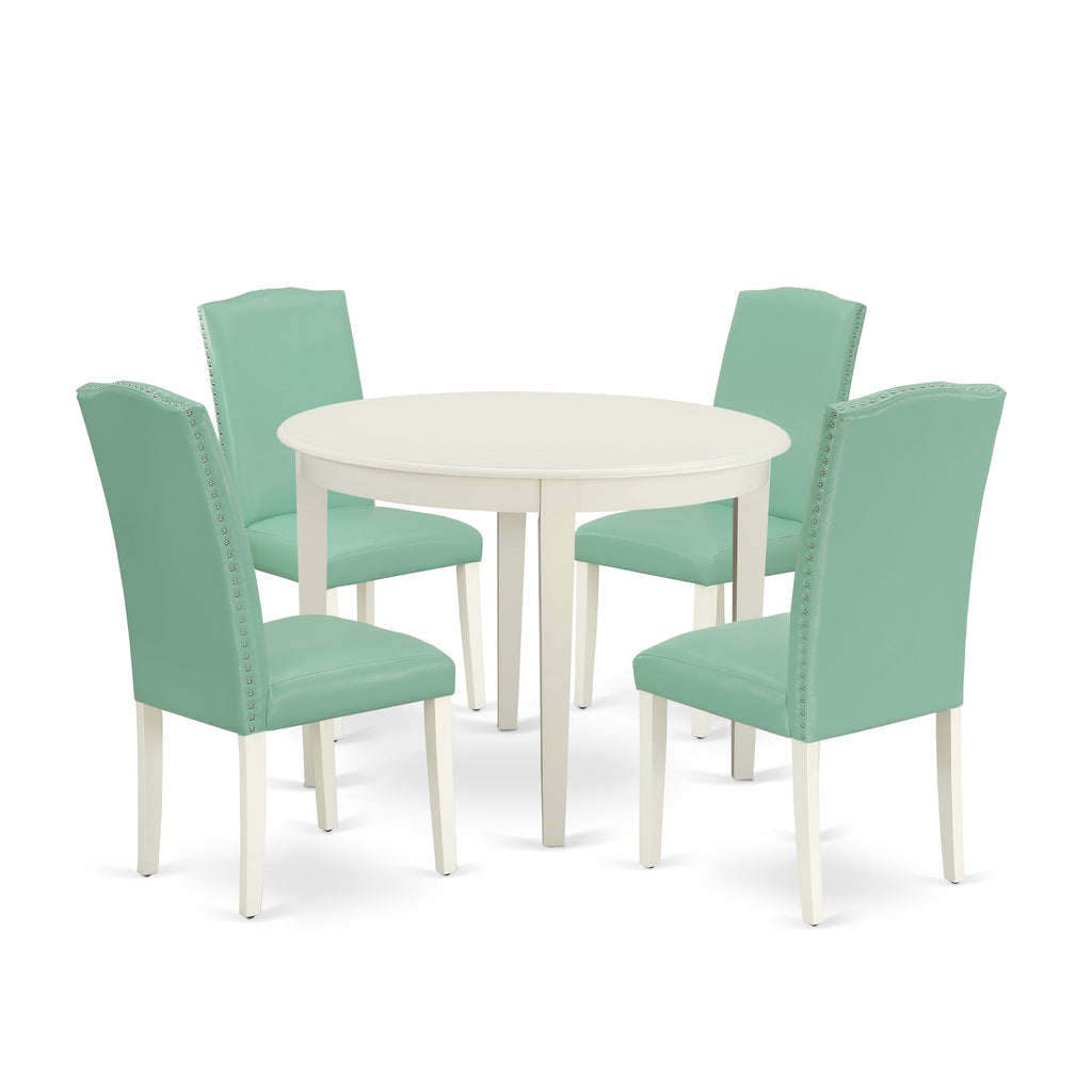 BOEN5-RQL-TW 5-Piece Dining Set with 42 Round Table and Faux Leather Chairs in Fresh White Finish