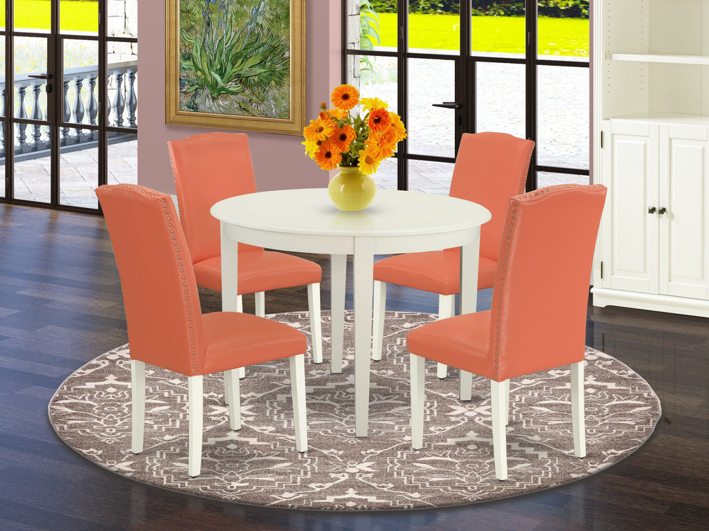 BOEN5-075-II Elegant 5-Piece Dining Arrangement with Round Table & Pink Flamingo Faux Leather Chairs, Perfect for Compact Spaces, 42x42 Linen White Finish