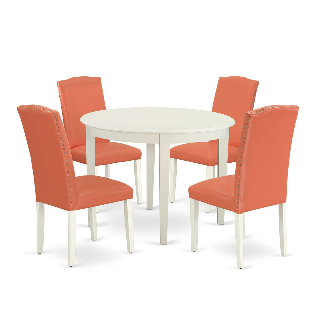 BOEN5-075-II Elegant 5-Piece Dining Arrangement with Round Table & Pink Flamingo Faux Leather Chairs, Perfect for Compact Spaces, 42x42 Linen White Finish