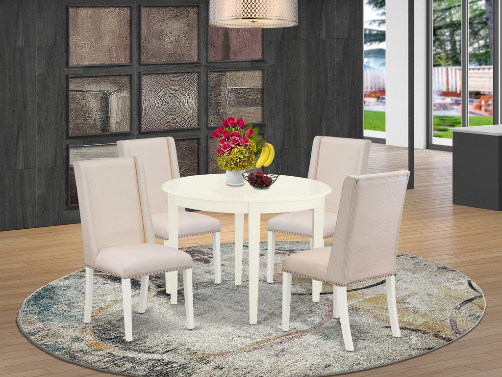 BOFL5-FO6-AQ 5-Piece Dining Set with Round Table and 4 Chairs in Cream Textile, 42 White
