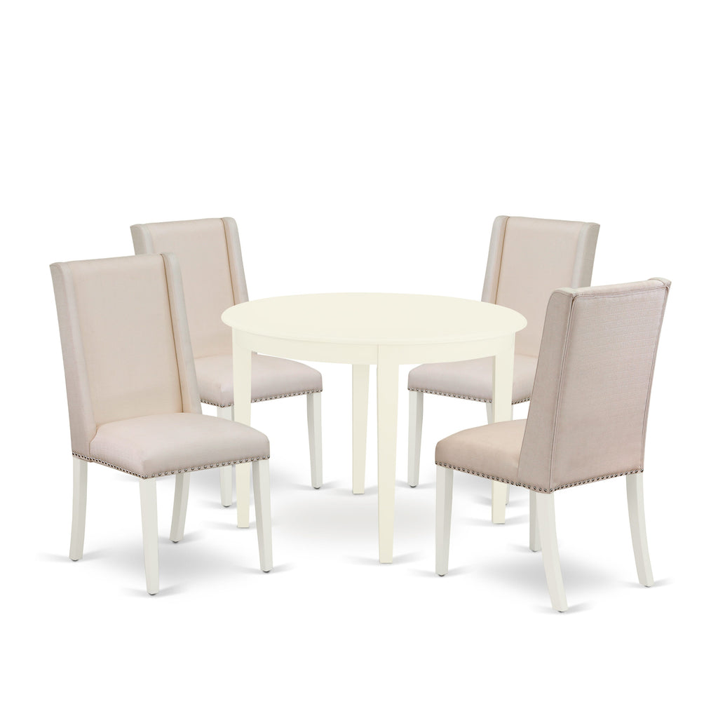 BOFL5-FO6-AQ 5-Piece Dining Set with Round Table and 4 Chairs in Cream Textile, 42 White