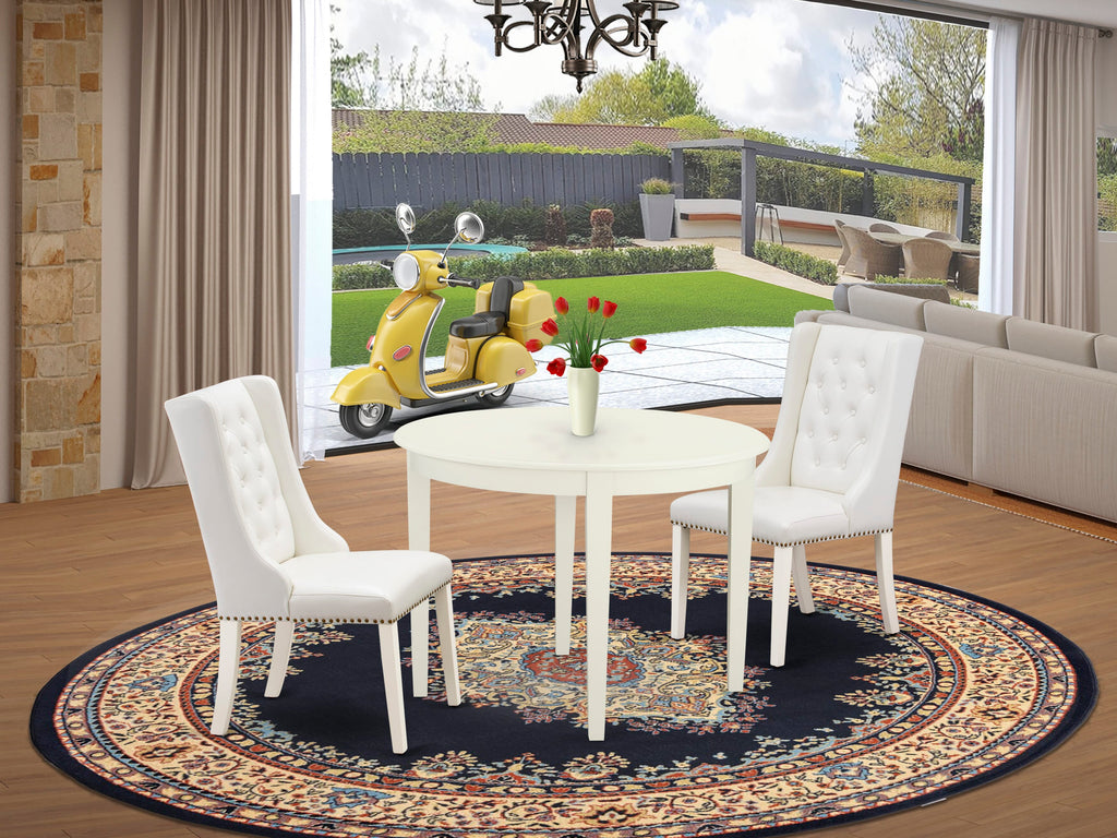 BOFO3-CXS-1M 3-Piece Dining Suite with Circular Table and Two Grey Faux Leather Seats, Modern Linen White Finish