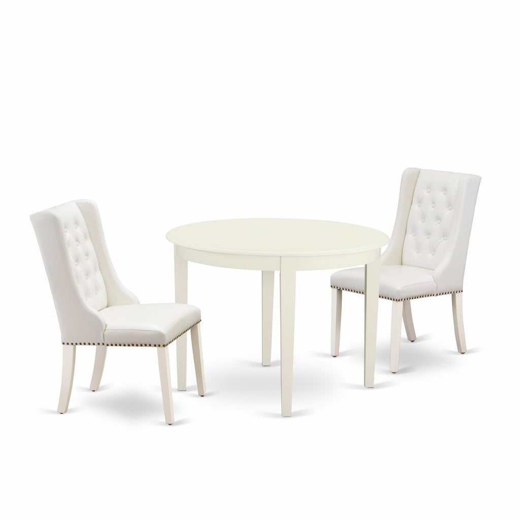 BOFO3-CXS-1M 3-Piece Dining Suite with Circular Table and Two Grey Faux Leather Seats, Modern Linen White Finish