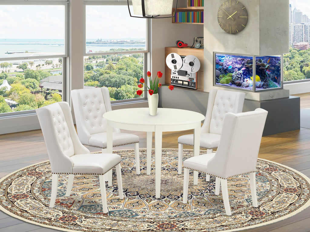 BOFO5-92C-DH 5-PC Dining Set Round Table & 4 Grey Faux Leather Parson Chairs, 42 White