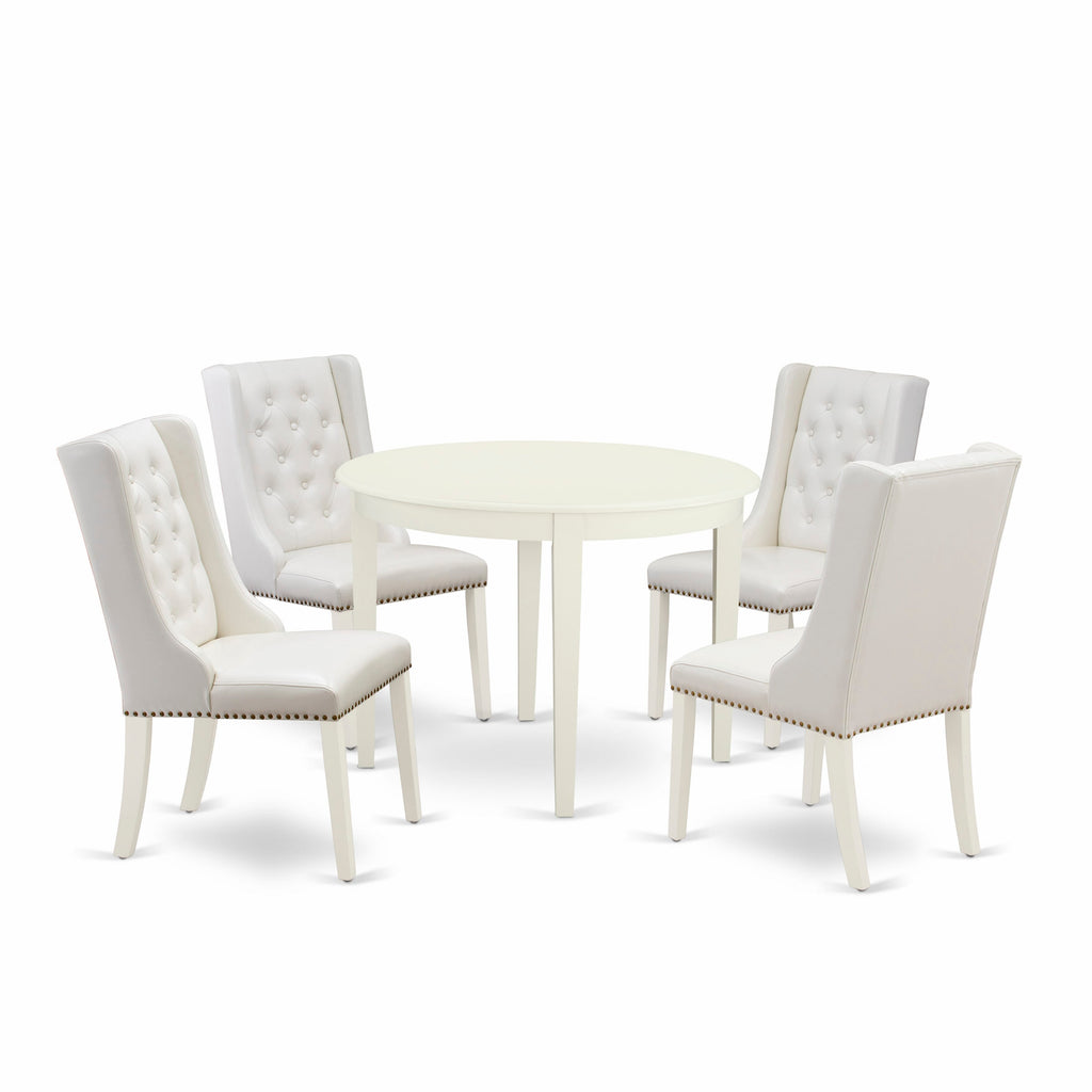 BOFO5-92C-DH 5-PC Dining Set Round Table & 4 Grey Faux Leather Parson Chairs, 42 White