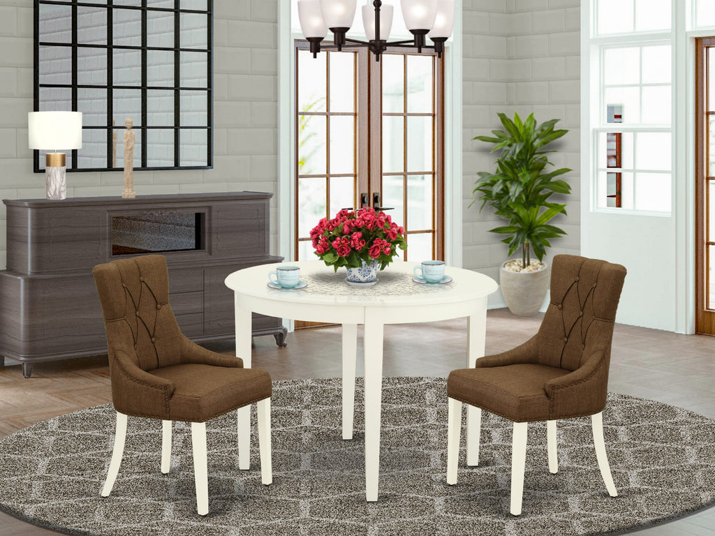 BOFR3-T3I-K5 Compact Dining Set with Round Table and 2 Linen Upholstered Chairs, Perfect for Cozy Spaces, 42x42 Inch, Linen White