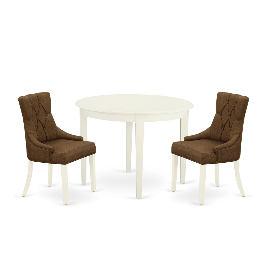 BOFR3-T3I-K5 Compact Dining Set with Round Table and 2 Linen Upholstered Chairs, Perfect for Cozy Spaces, 42x42 Inch, Linen White