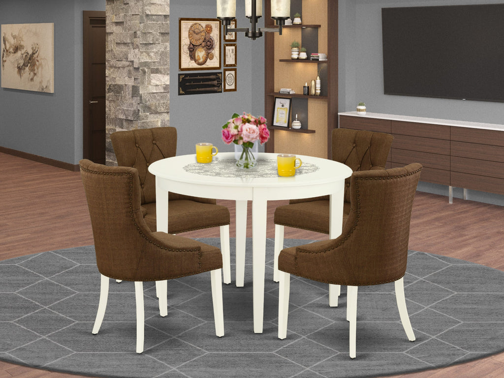 BOFR5-8K8-B0 5-Piece Table Set with Round Table & 4 Linen Fabric Chairs in White Finish