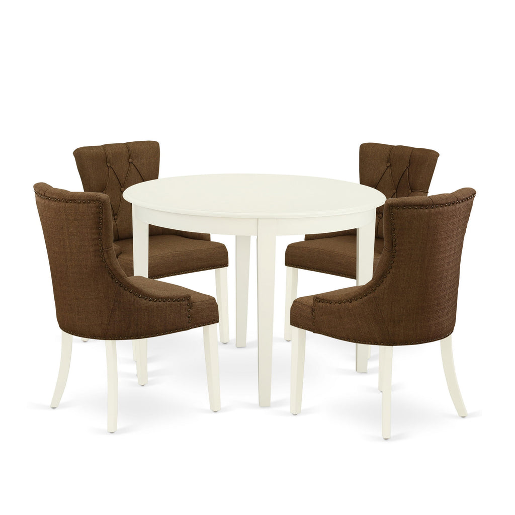 BOFR5-8K8-B0 5-Piece Table Set with Round Table & 4 Linen Fabric Chairs in White Finish
