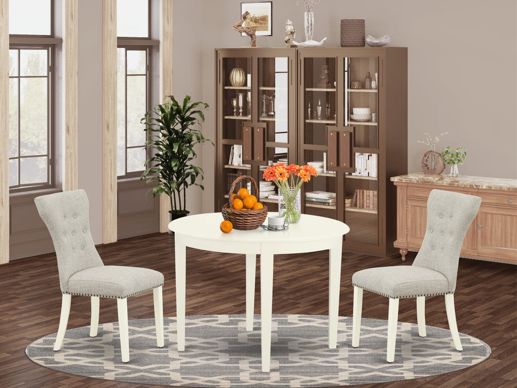 BOGA3-SDD-1P 3-Piece Chic Dining Set with Round Table and 2 Elegant Parson Chairs for Cozy Nooks, 42x42, Linen White