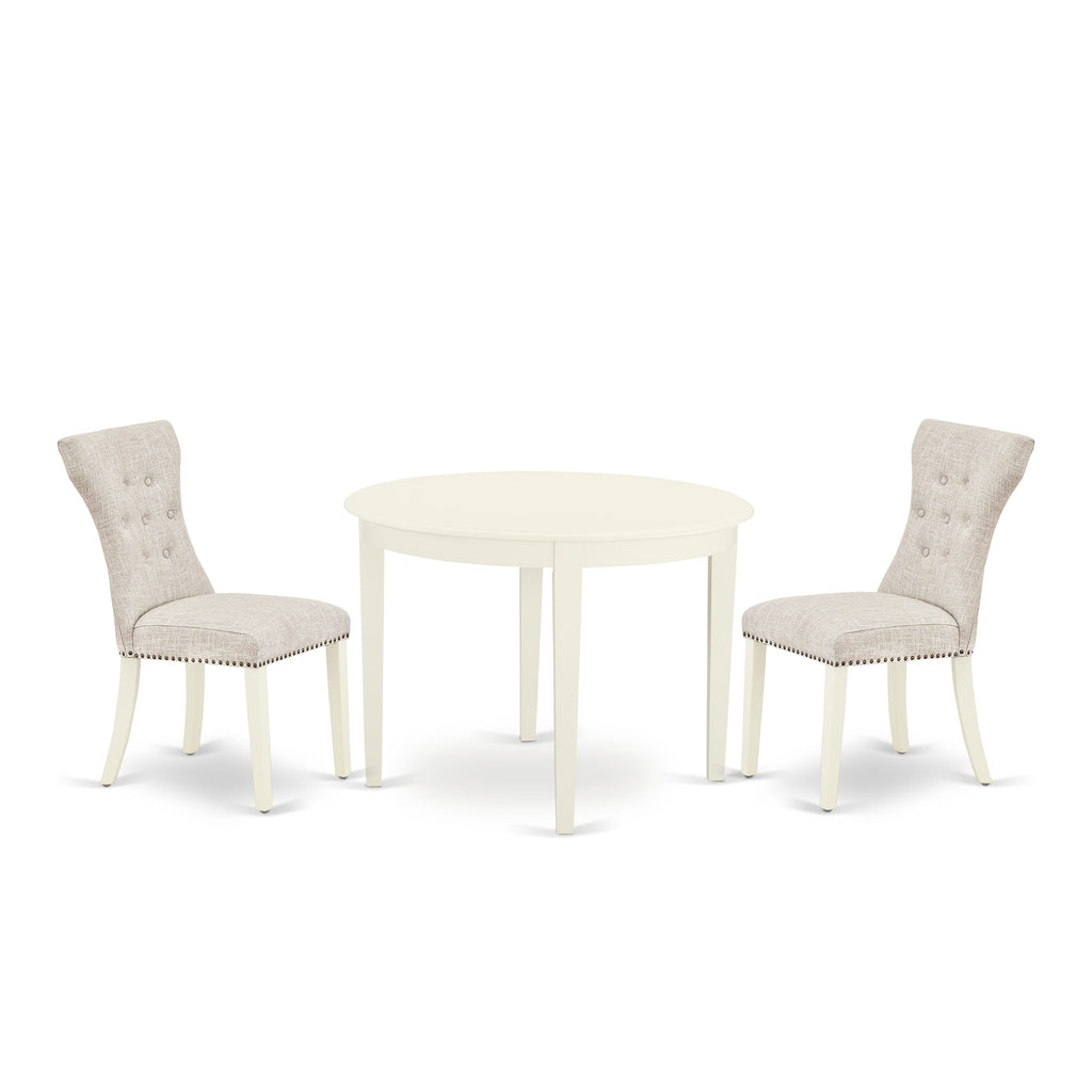 BOGA3-SDD-1P 3-Piece Chic Dining Set with Round Table and 2 Elegant Parson Chairs for Cozy Nooks, 42x42, Linen White