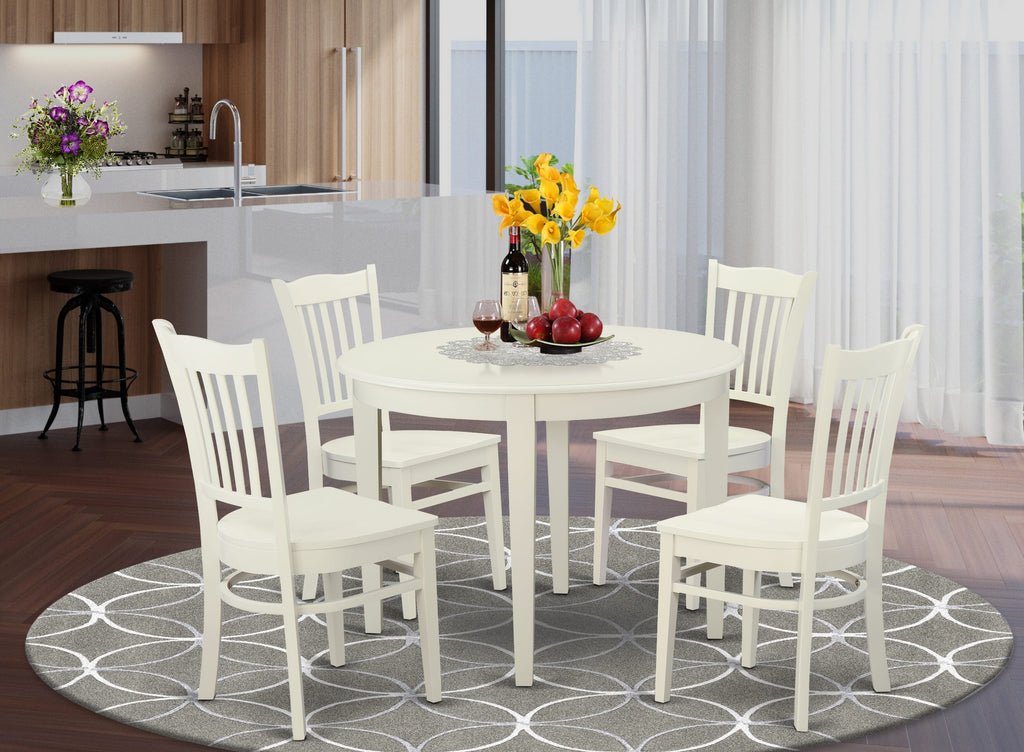 BOGR5-HBV-T 5-Piece Round Table Dining Set with 4 Chairs, 42 Inch, Elegant Linen White Finish