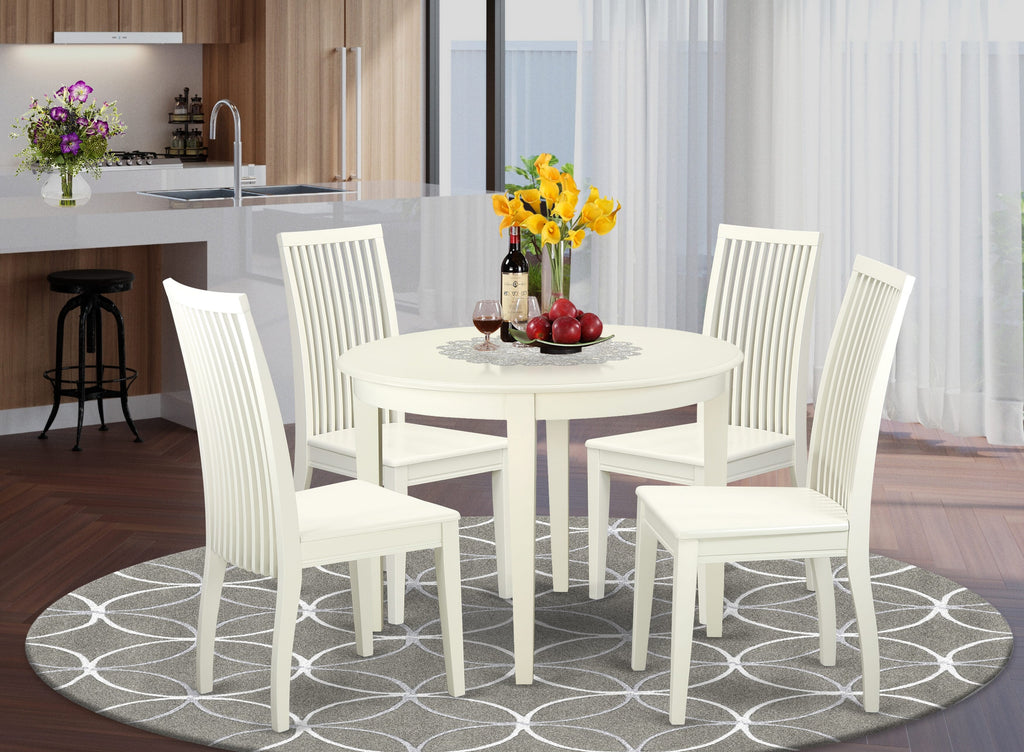 BOIP5-C4P-B 5-Piece Dining Set with Round Table and Four Chairs, Linen White Finish, 42