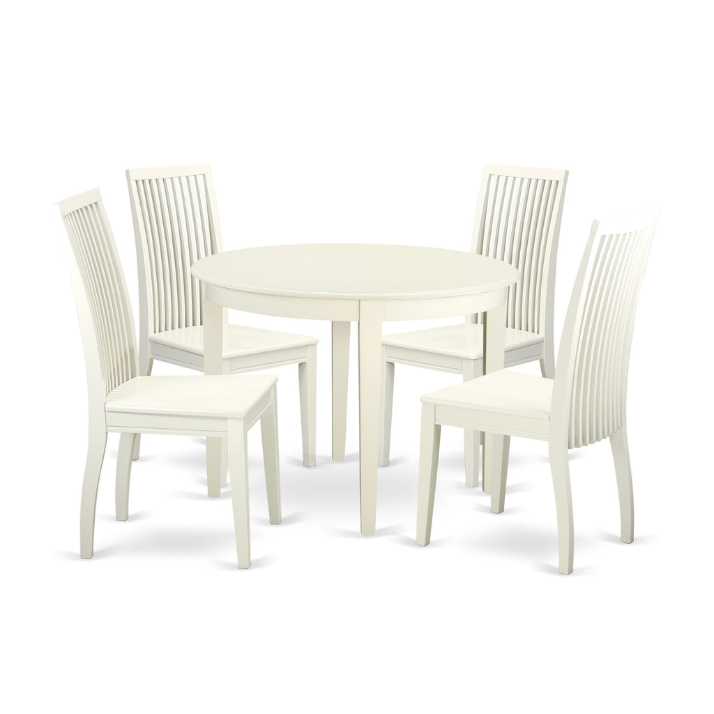 BOIP5-C4P-B 5-Piece Dining Set with Round Table and Four Chairs, Linen White Finish, 42