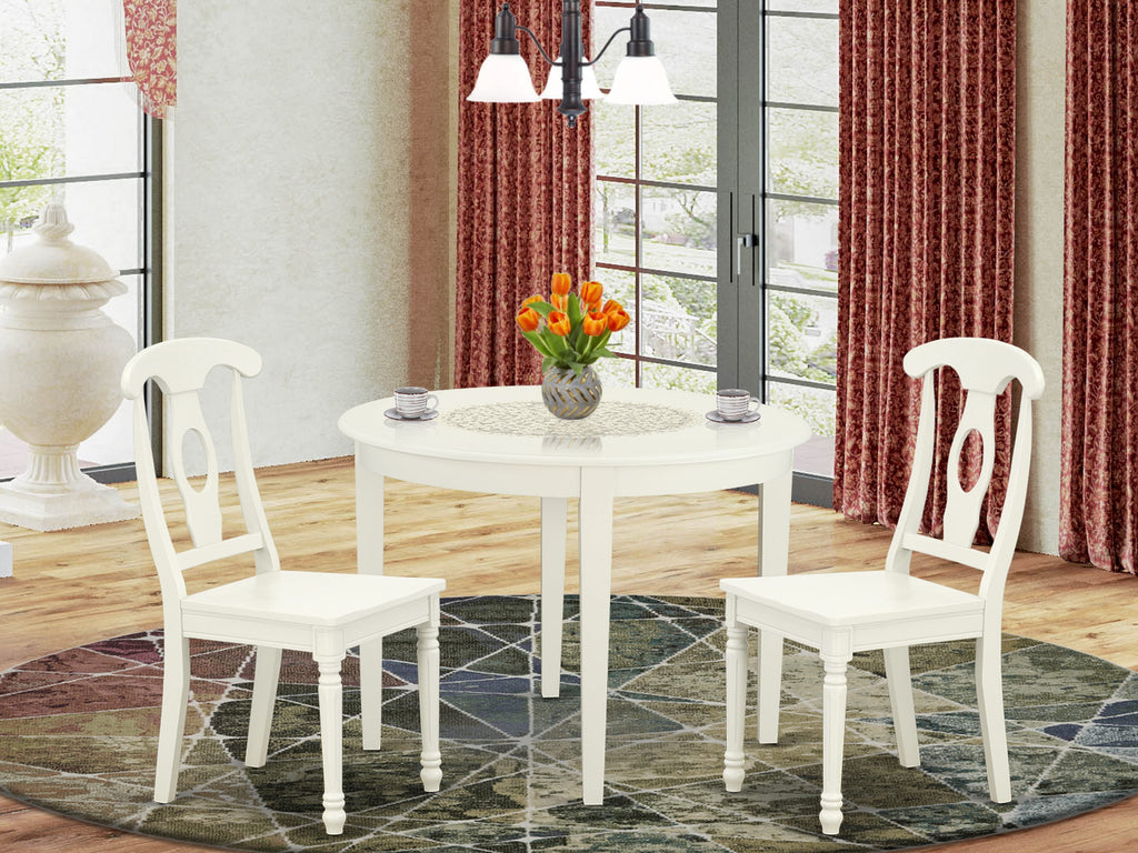 BOKE3-MBS-N Cozy 3-Piece Dining Set with Round Table and Two Chairs for Compact Areas, Linen White Finish