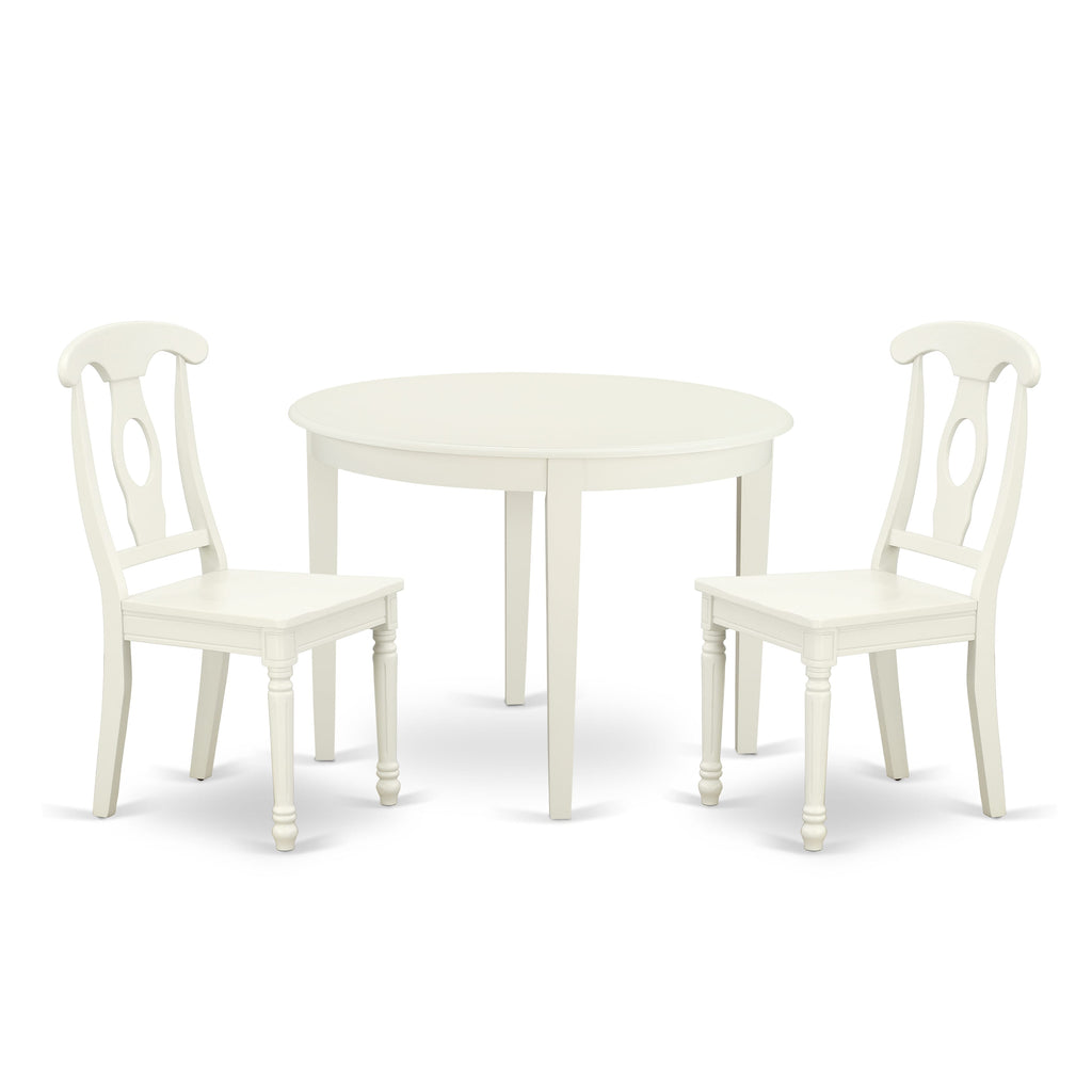 BOKE3-MBS-N Cozy 3-Piece Dining Set with Round Table and Two Chairs for Compact Areas, Linen White Finish