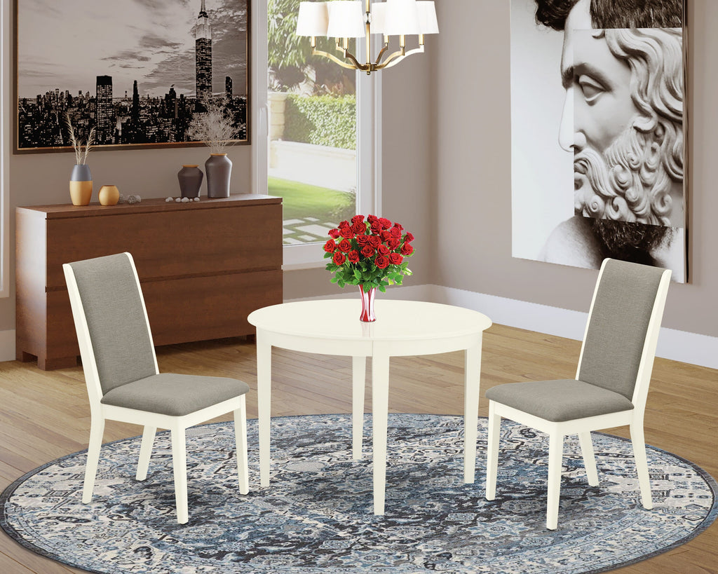 BOLA3-8I0-ZG 3-Piece Compact Dining Ensemble with Round Table & Shitake Linen Seating, 42 Linen White