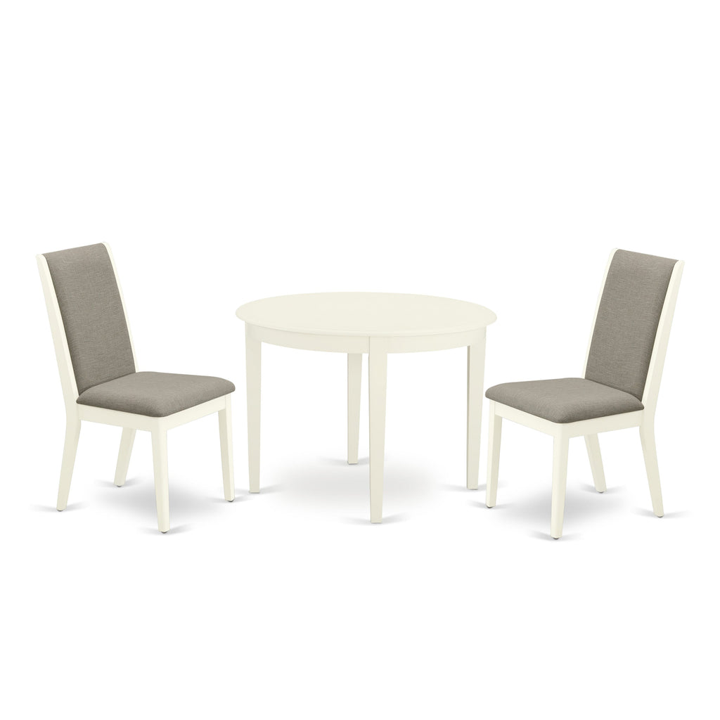 BOLA3-8I0-ZG 3-Piece Compact Dining Ensemble with Round Table & Shitake Linen Seating, 42 Linen White