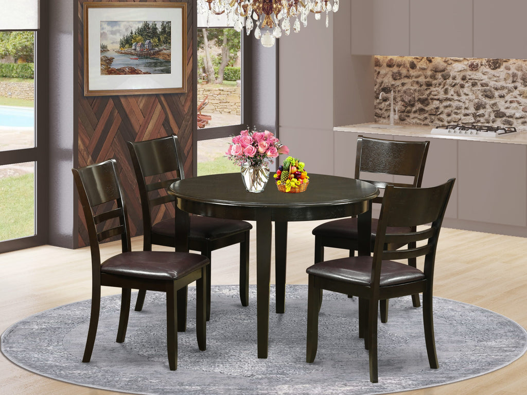 BOLY5-HNI-YA 5 Pc Dining Table Ensemble Round Table plus 4 Soft Leather Chairs, 42x42 Cappuccino