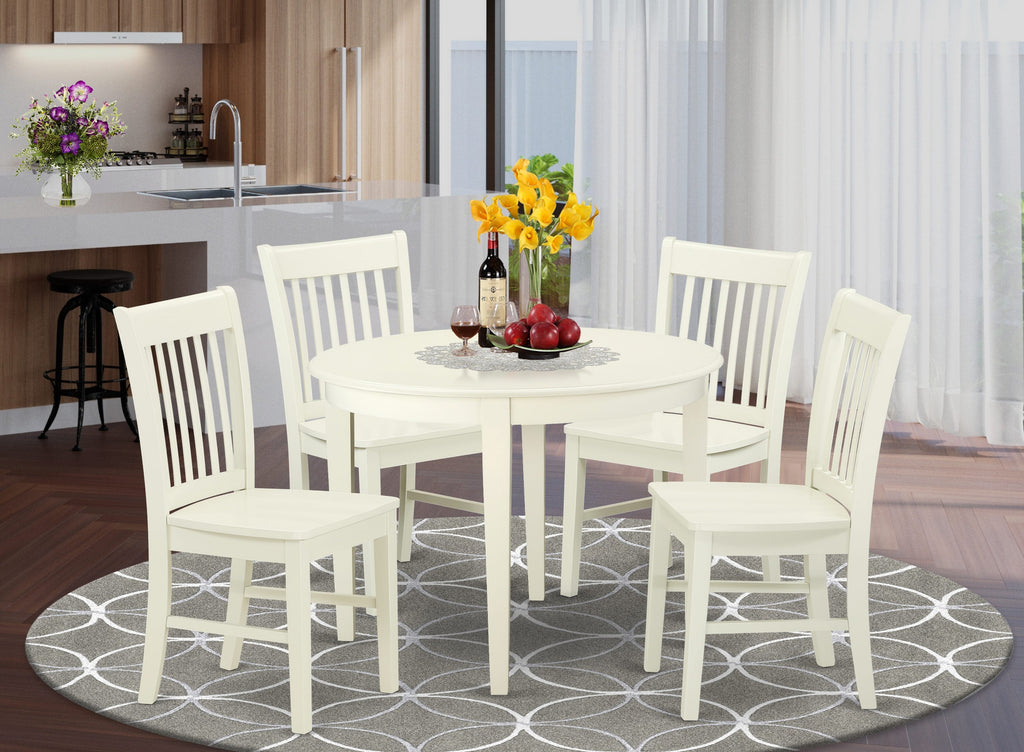 BONO5-3H1-4 Compact 5-Piece Set Round Table & 4 Dining Seats in 42x42 Linen White Finish