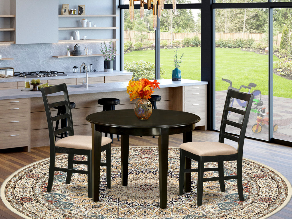 BOPF3-BW4-T Three-Piece Dining Ensemble for Compact Areas with Round Table and Fabric Chairs, 42x42 in Rich Brown