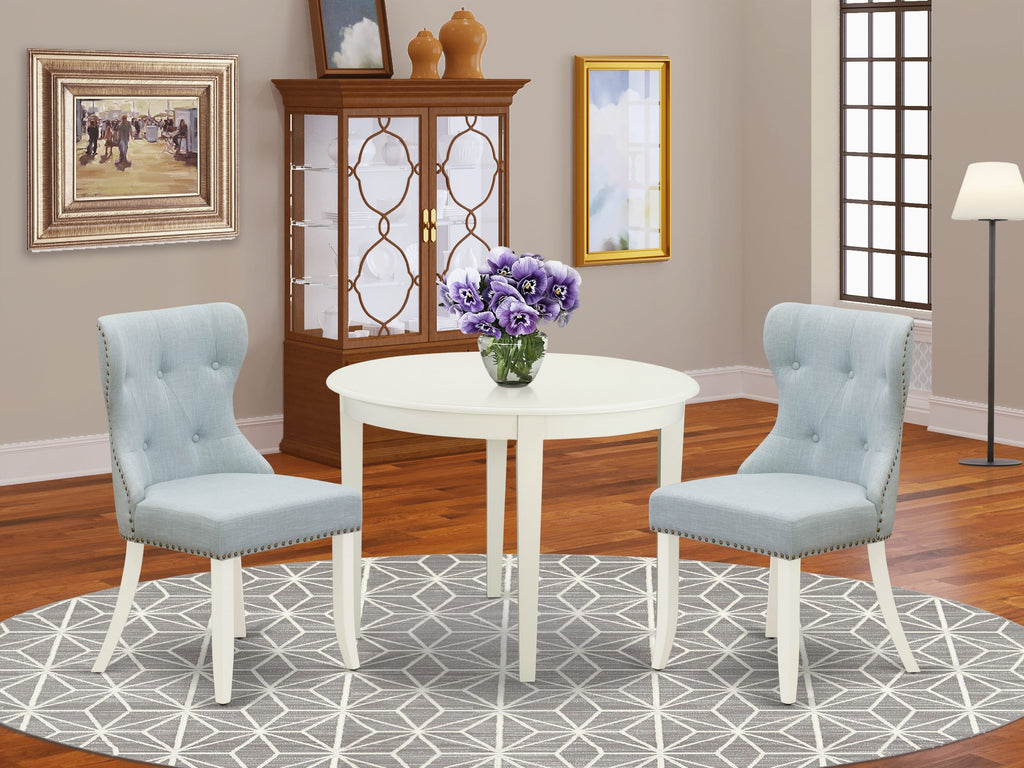 BOSI3-709-ZW - Compact Round Dining Set with Blue Upholstered Chairs, Ideal for Cozier Kitchens, 42 Inch Table