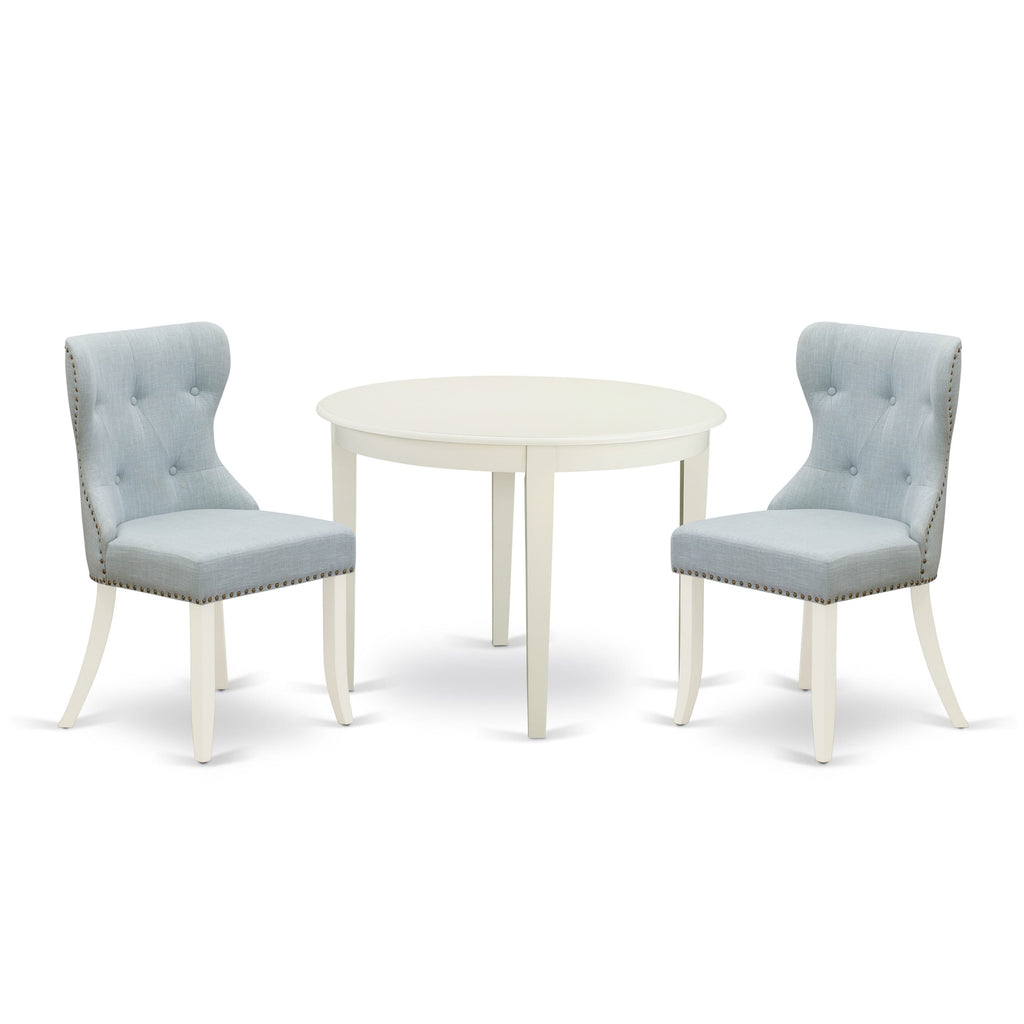 BOSI3-709-ZW - Compact Round Dining Set with Blue Upholstered Chairs, Ideal for Cozier Kitchens, 42 Inch Table