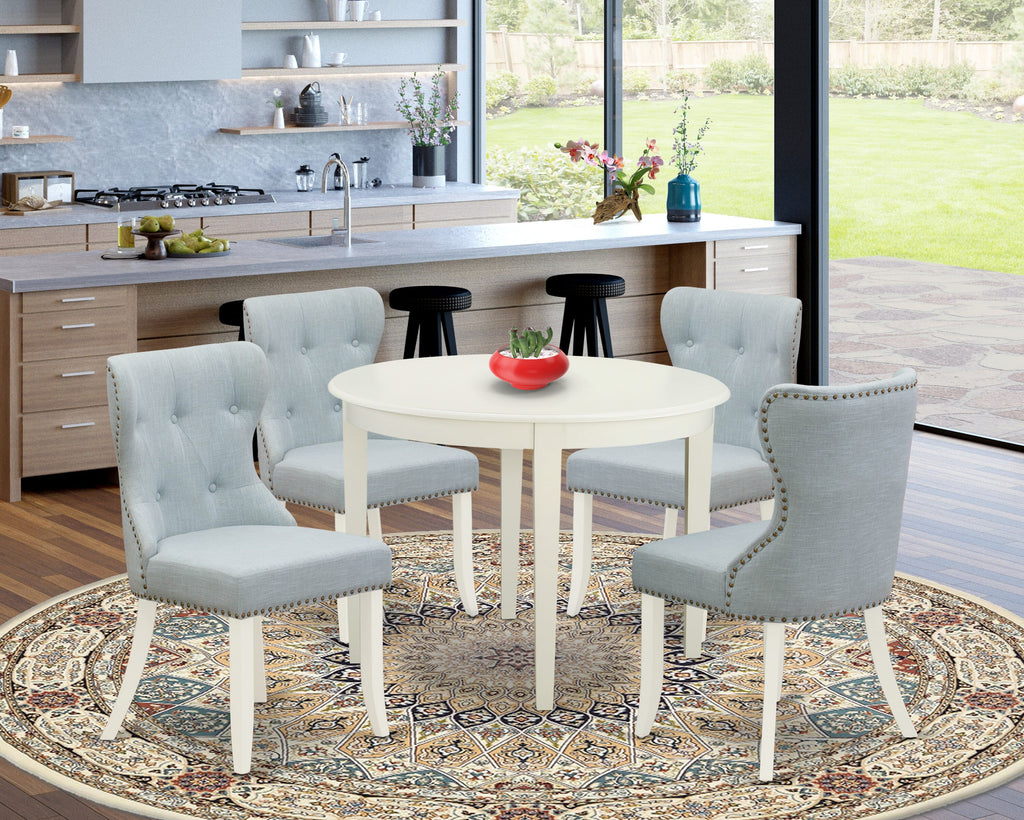 Discover BOSI5-YNA-G4 Five Piece Round Dining Ensemble with Baby Blue Chairs