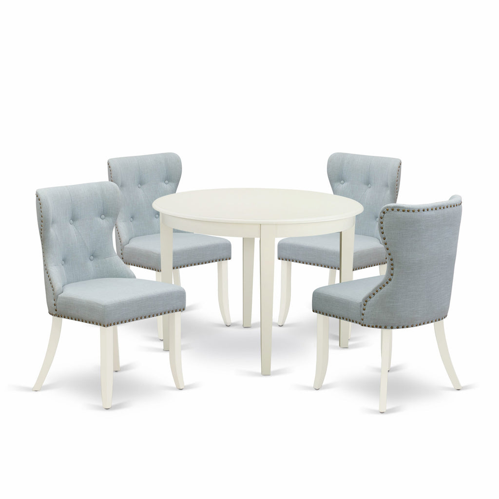 Discover BOSI5-YNA-G4 Five Piece Round Dining Ensemble with Baby Blue Chairs