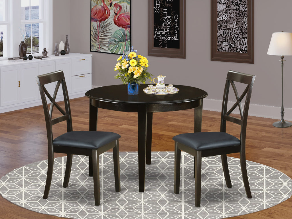 BOST3-4P3-9O 3-Piece Dining Ensemble with Round Table & 2 Leather Style Chairs in Warm Cappuccino, 42x42