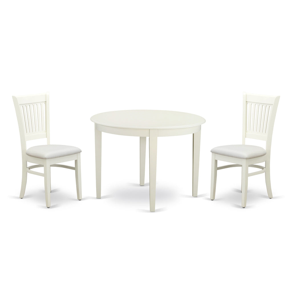BOVA3-DYL-8 Linen White Round Table & 2 Upholstered Chair Set for Cozy Dining Spaces - 42x42