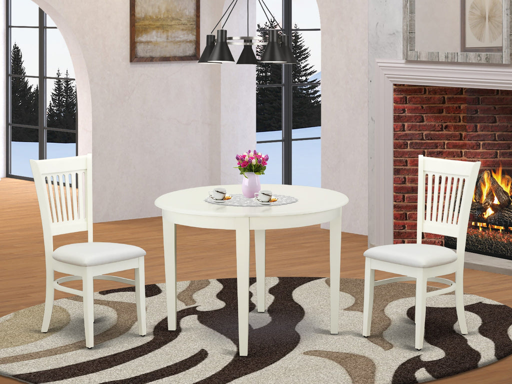 BOVA3-DYL-8 Linen White Round Table & 2 Upholstered Chair Set for Cozy Dining Spaces - 42x42