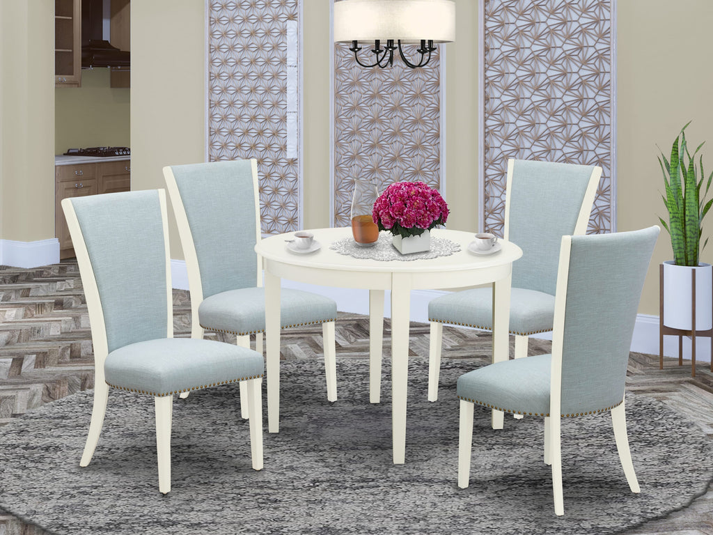 BOVE5-50R-JS Contemporary Round Dining Ensemble Set 42 Table & 4 Light Blue Upholstered Seats for 5, Perfect for Modern Kitchens, Linen White