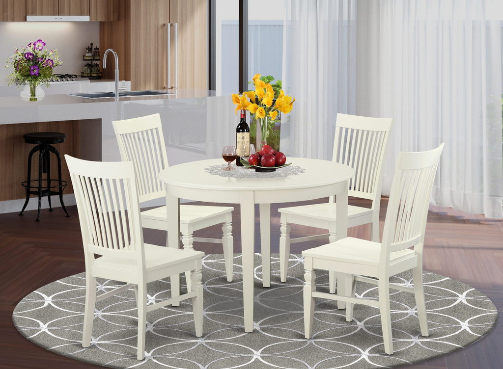 BOWE5-X87-5 5 Piece Kitchen Dining Collection Round Table & 4 Chairs Set, 42 in Soft Linen White