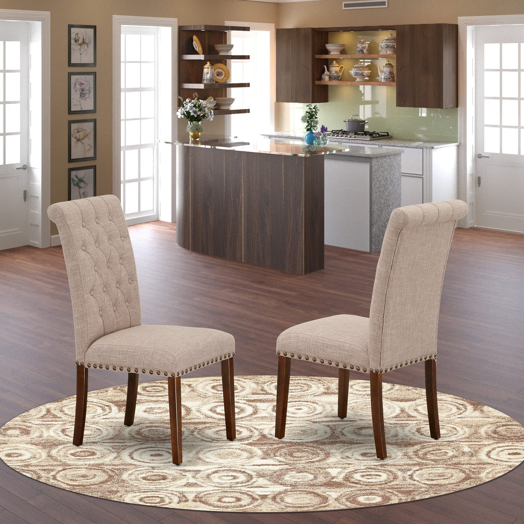 BRP3TEZ Sophisticated Dining Chairs Set with Light Tan Linen - Button Design and Trim, Mahogany Set of 2