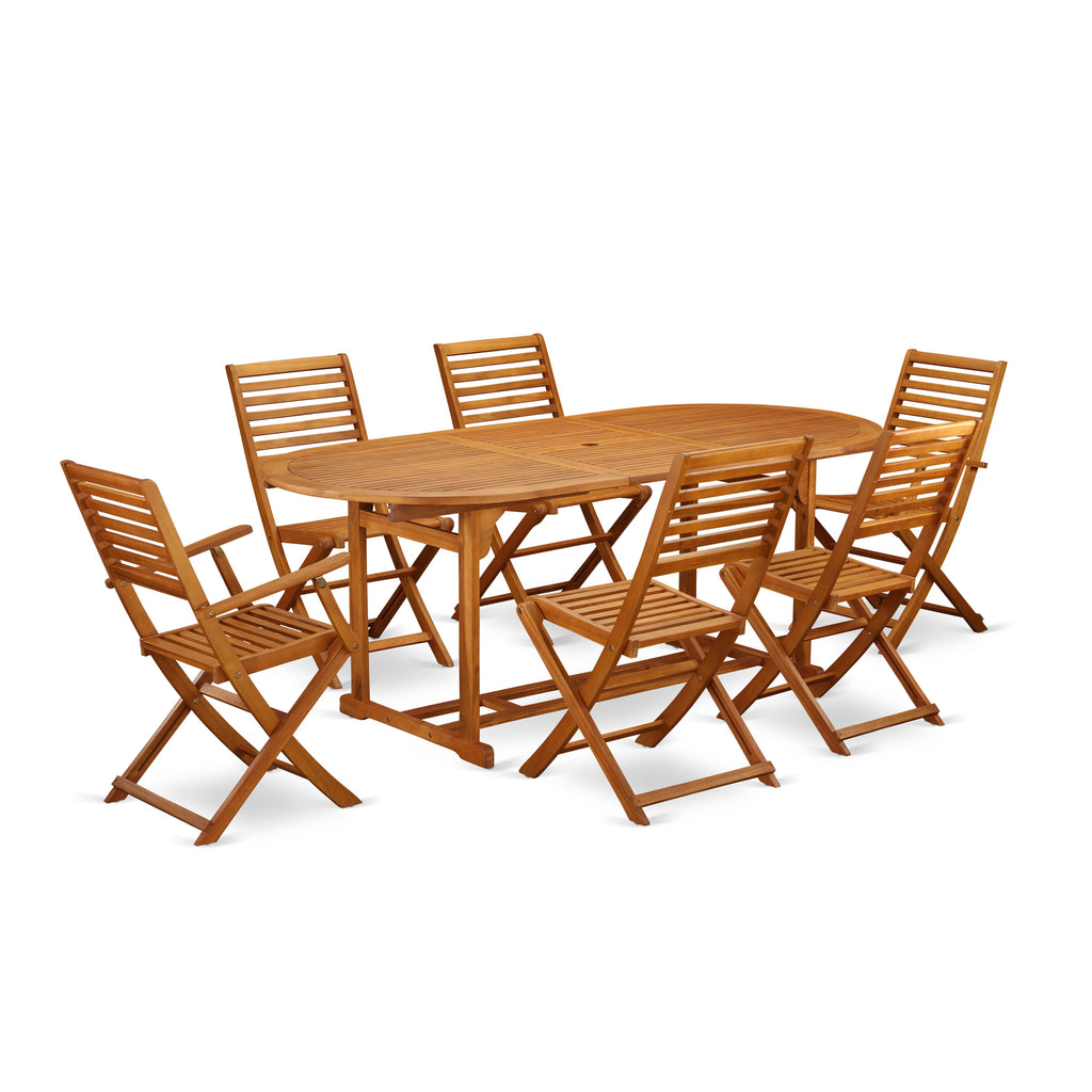 Outdoor Oasis Dining Set BSBS7ONGFC, Oval Acacia Table with Folding Chairs, 7 Pieces