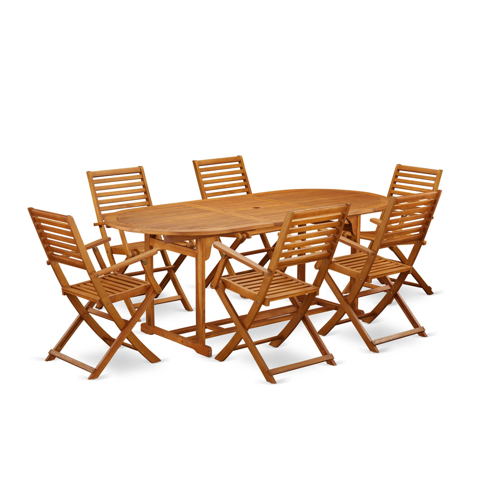 BSBS7P4HL - 7Pc Outdoor Dining Ensemble w/ Oval Acacia Table & Six Foldable Chairs, 36x78 Natural Finish