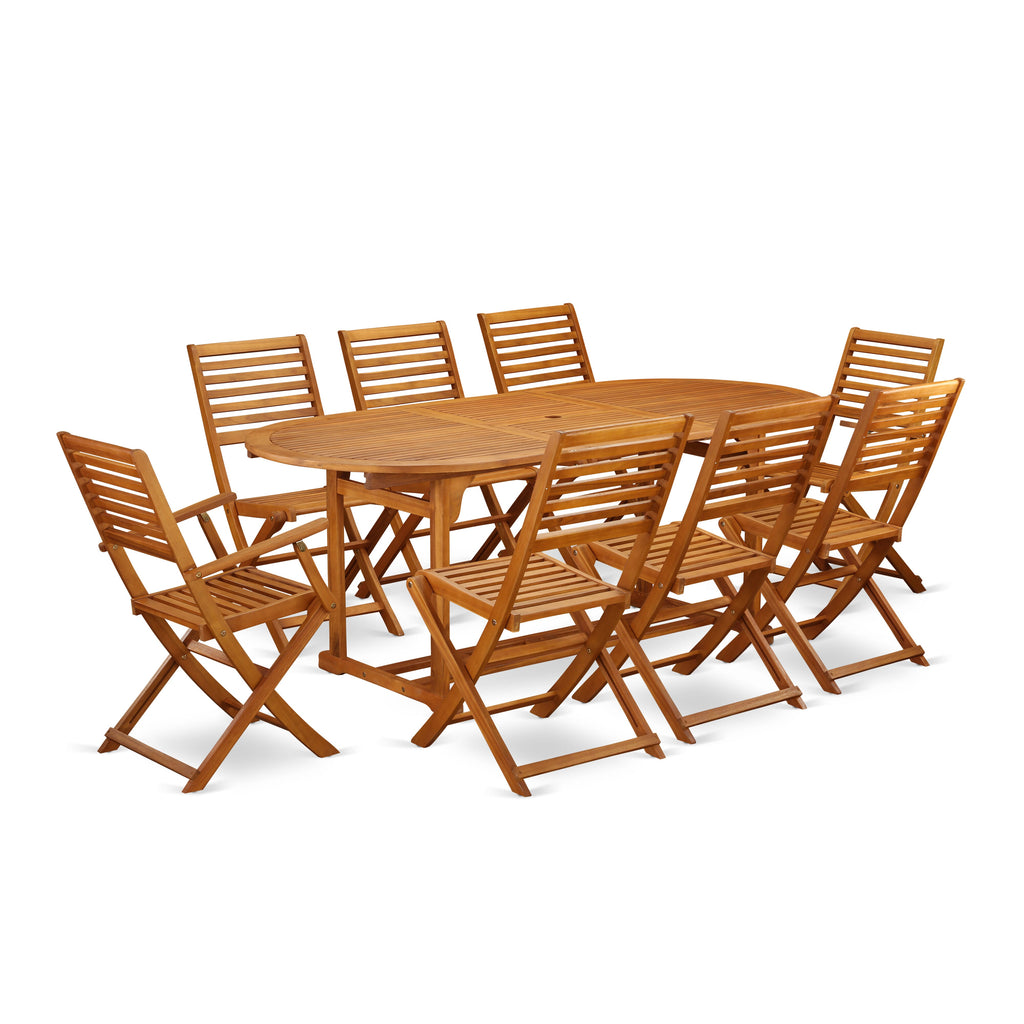 BSBS9J0UYO 9-Piece Outdoor Dining Set with Elegant Oval Table and Ergonomic Chairs - Natural Wood Finish