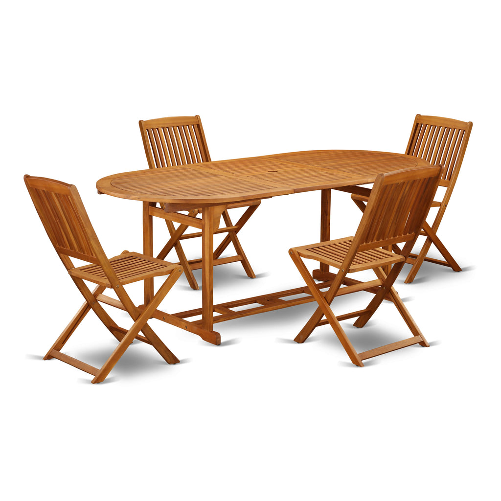 BSCM5HTMV 5-Piece Outdoor Dining Set Oval Acacia Table with 4 Foldable Chairs, Natural Finish