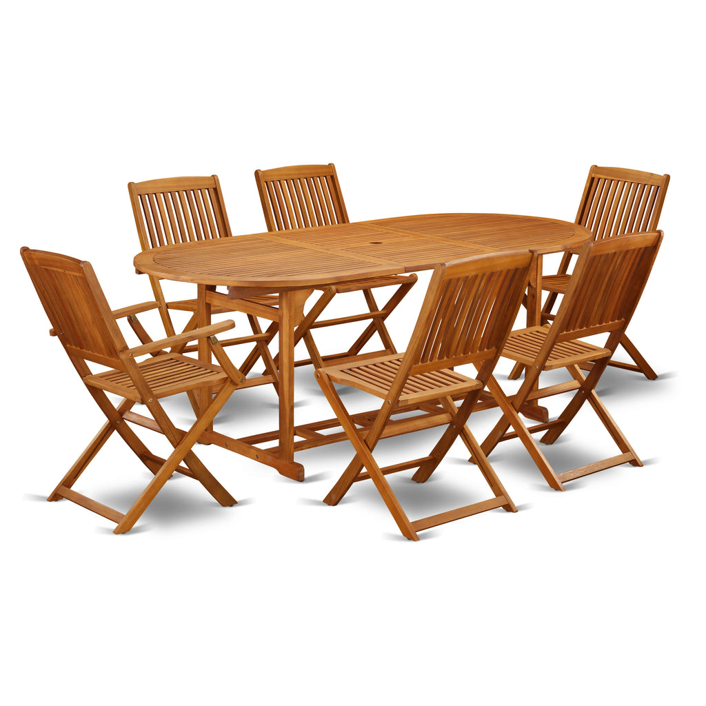 BSCM7YB530 7 Piece Outdoor Dining Collection Oval Acacia Table, 2 Bendable Armchairs, and 4 Guest Seats, 36x78 in Oil Finish