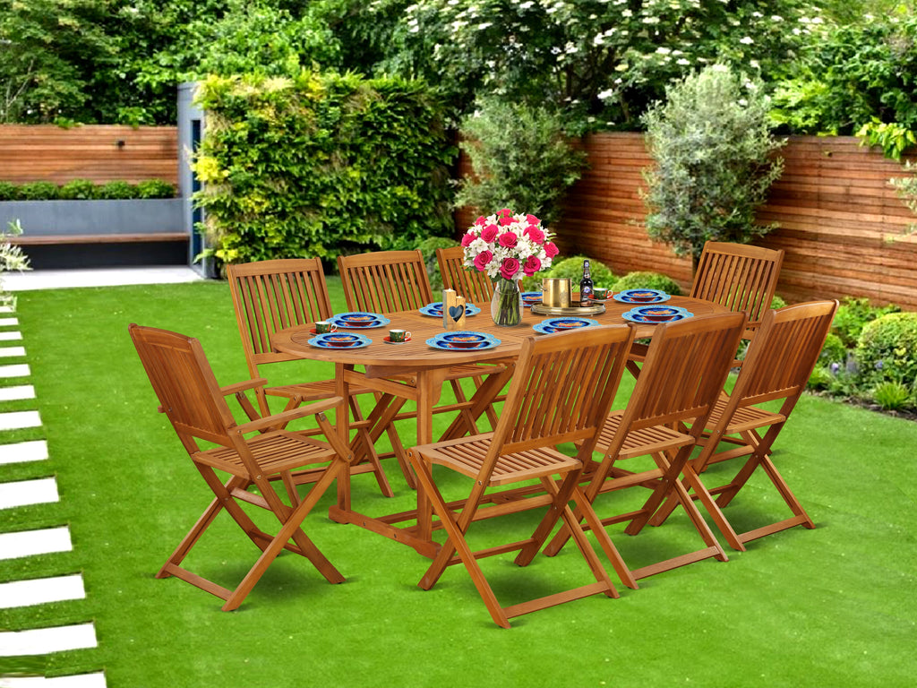 BSCM9KJQZJ 9-Piece Outdoor Patio Set with Acacia Wood Oval Table, 2 Folding Armchairs & 6 Side Chairs, 36x78 in, Oil Finish