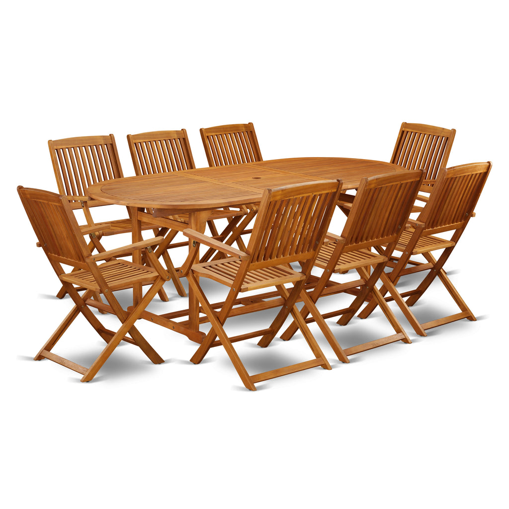 BSCM9NLD7 9-Piece Patio Set with Oval Acacia Table & 8 Folding Chairs, 36x78 Inch, Natural Finish