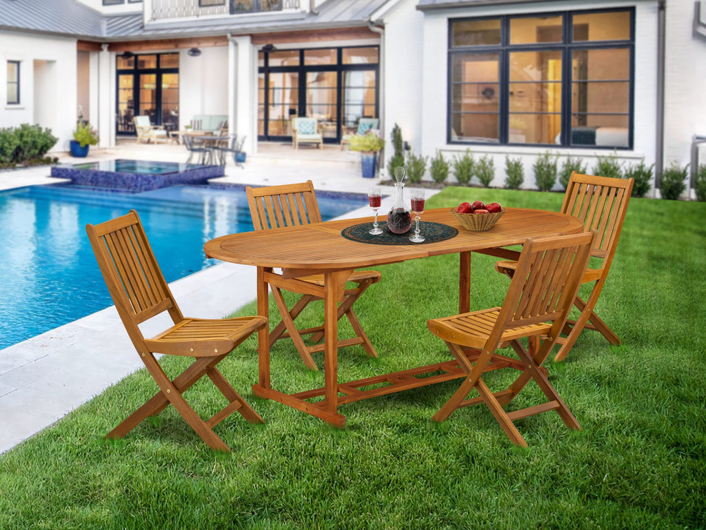 BSDK5F7IX 5-Piece Outdoor Dining Set with Oval Acacia Table and 4 Folding Chairs, Natural Finish