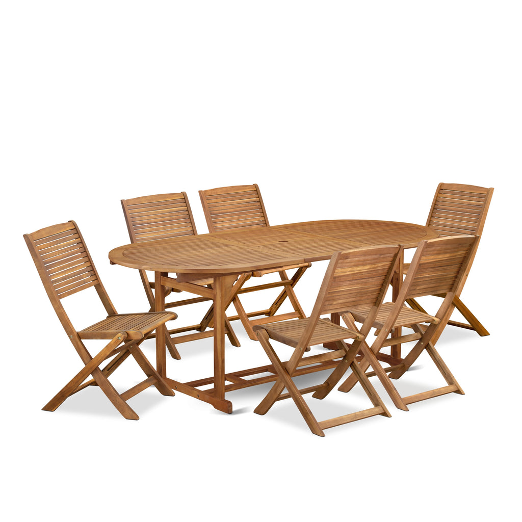 BSFM7H45T 7-Piece Acacia Wood Patio Dining Set with 6 Folding Chairs and Oval Table, 36x78
