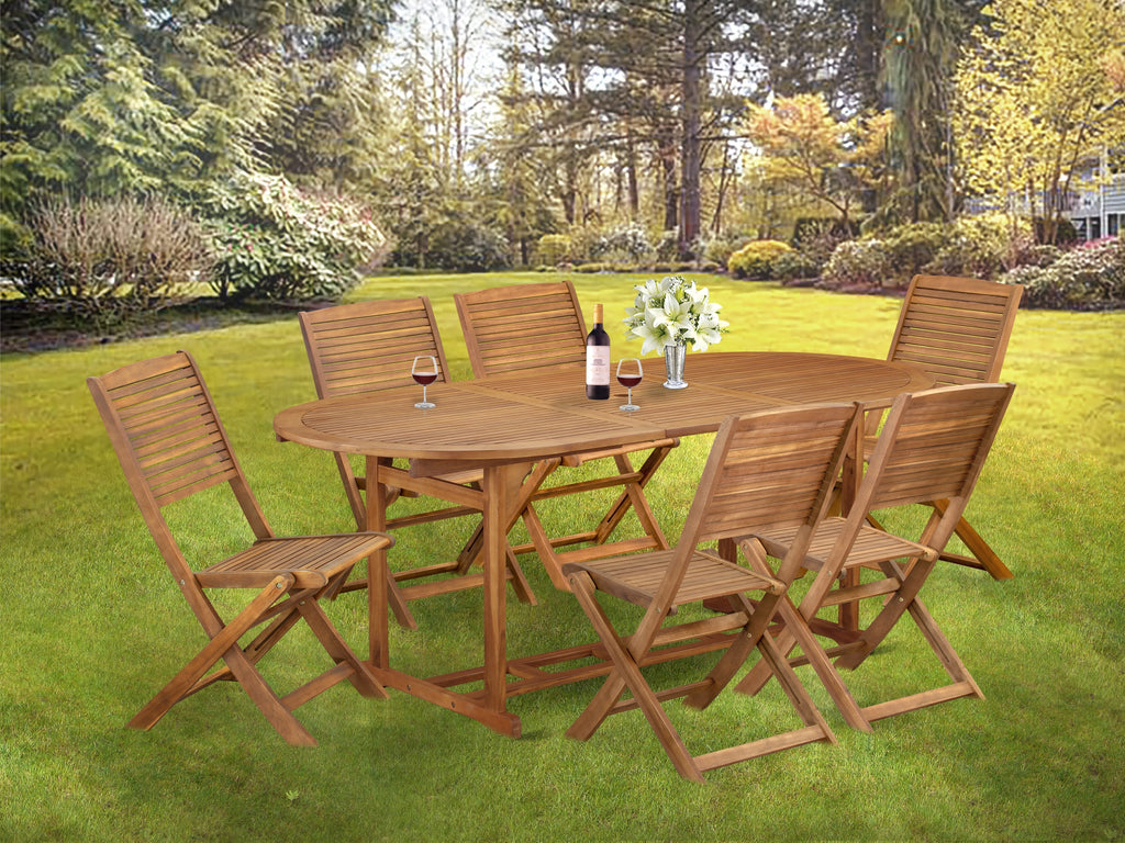 BSFM7H45T 7-Piece Acacia Wood Patio Dining Set with 6 Folding Chairs and Oval Table, 36x78