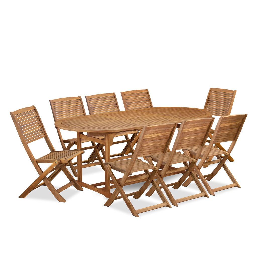 BSFM9REK6 9-Pc Patio Garden Dining Ensemble with Oval Acacia Wood Table and Folding Chairs