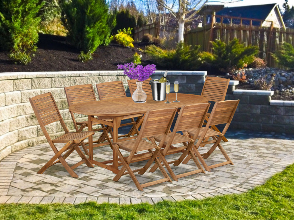 BSFM9REK6 9-Pc Patio Garden Dining Ensemble with Oval Acacia Wood Table and Folding Chairs